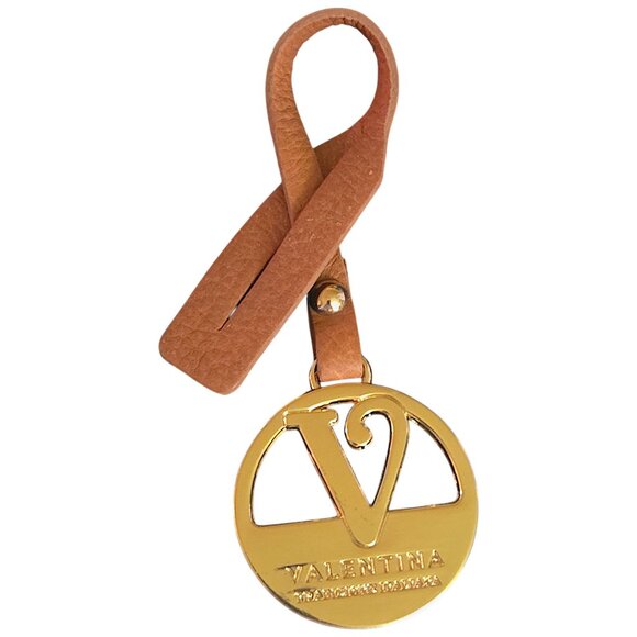 Valentina Brown Leather Gold-Toned Brass Keychain Strap Bag Charm Loop Hangtag - Picture 1 of 3